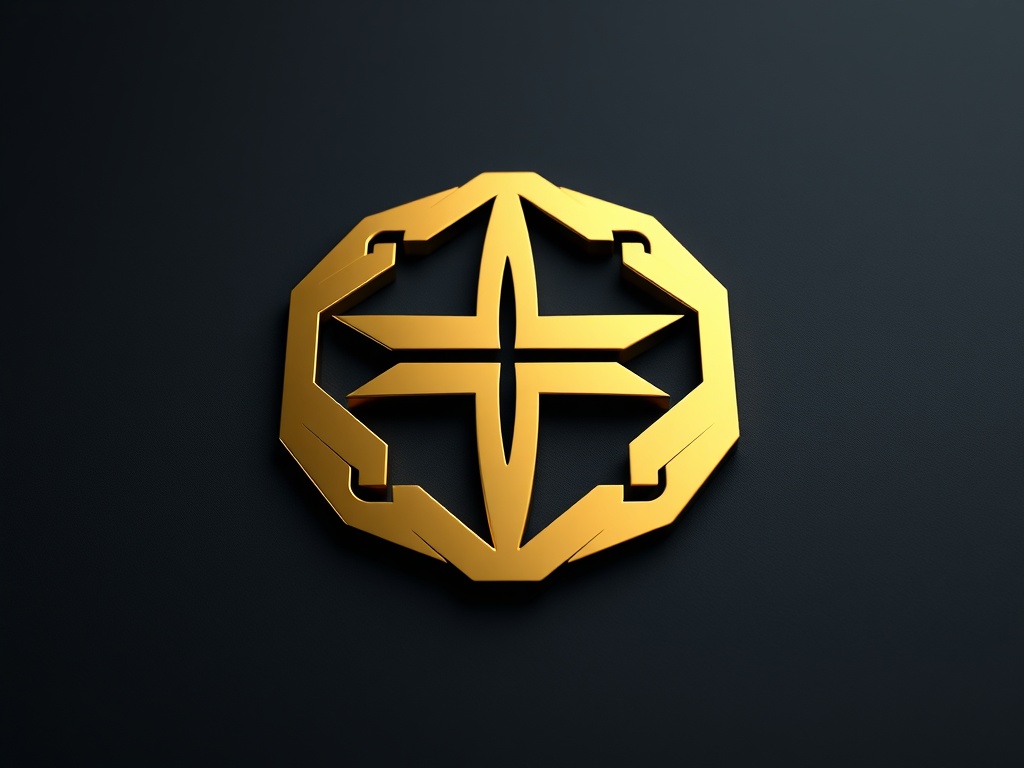 A sleek, golden geometric emblem with clean lines, placed on a dark matte surface, 8k product photography style.